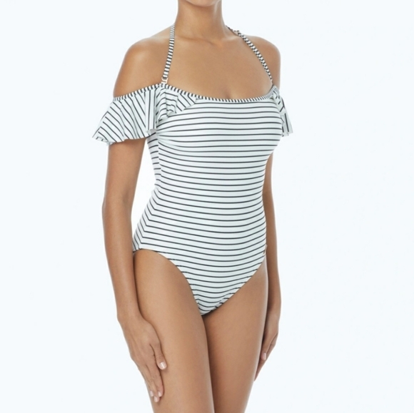 767- Vince Camuto Ruffle Off the Shoulder One Piece Swimsuit Blossom Stripes NWT - Picture 1 of 14